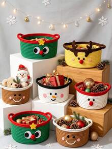 Christmas Cotton Rope Storage Basket. Portable Basket With Handles-Ideal For Organizing Gifts Or Desktop Items. A Festive Home Decor Piece Suitable For Living Rooms And Bedrooms; Perfect As A Storage Container For Parties And Home Use. - Multicolor - View 1