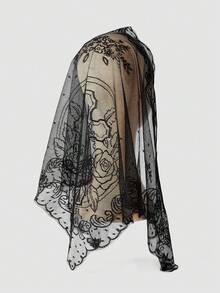MortiRose 1pc Lace Floral Trim Wedding Veil Scarf Triangular Scarf, Fashionable Lace Trim Breathable Church Headscarf - Cross - View 11