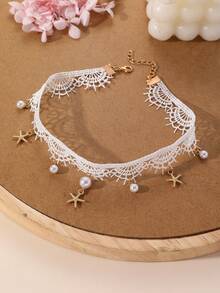 1pc/2pcs Girls Gentle Lace Choker Necklace With Faux Pearl Heart Pendant, Short Collarbone Chain Accessory, Sweet Girl Style - Multicolor - View 7