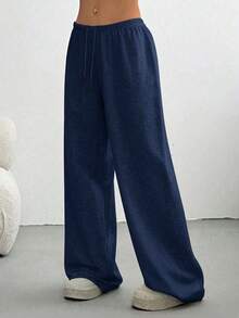 Plus Size Women's Solid Color Drawstring Waist Casual Daily Long Pants - Navy Blue - View 5
