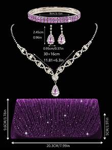 REMANLAND 4pcs Rhinestone Jewelry Set, Rhinestone Pendant Necklace, Earrings, Bracelet, Paired With Sparkling Rhinestone Pleated Clutch Evening Bag, Elegant Women's Shoulder Party Bag, Suitable For Wedding, Party, Ball, Evening Event - Purple - View 3