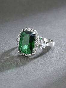 1pc Luxury High-End Copper Material Rectangular Cushion Shaped Colorful Gemstone Ring, Women's Evening Party Wedding Dress Accessory - Multicolor - View 12