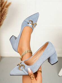 Women's Pointed Toe Chunky Heel High Heels, Versatile Commuter Style, Autumn New Suede Low-Cut Plus Size Elegant High Heels - Light Blue - View 5
