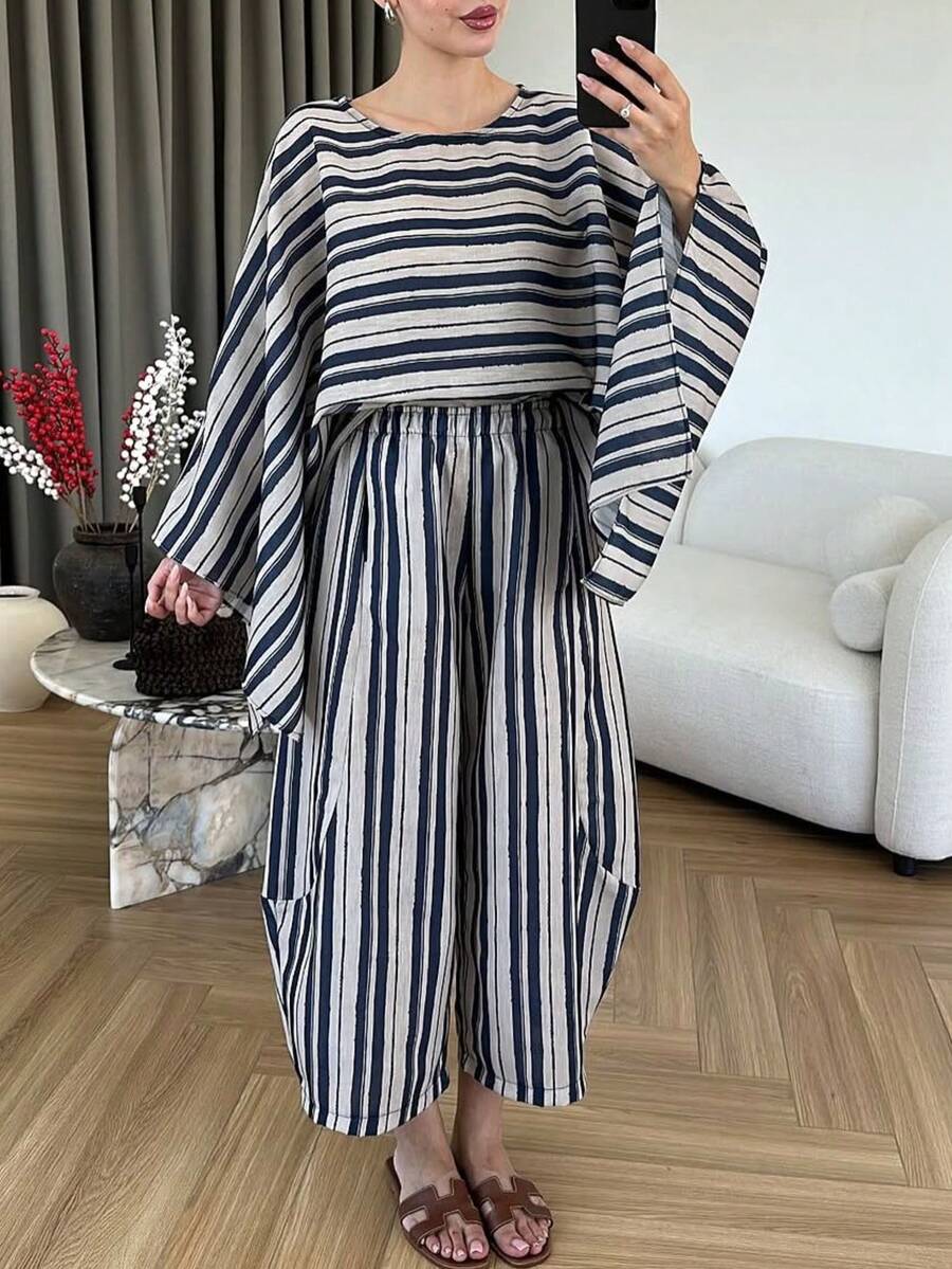 2件組新款優雅女款條紋拼色上衣休閒百搭長褲度假日常四季款 - 藏蓝色 - 查看 1