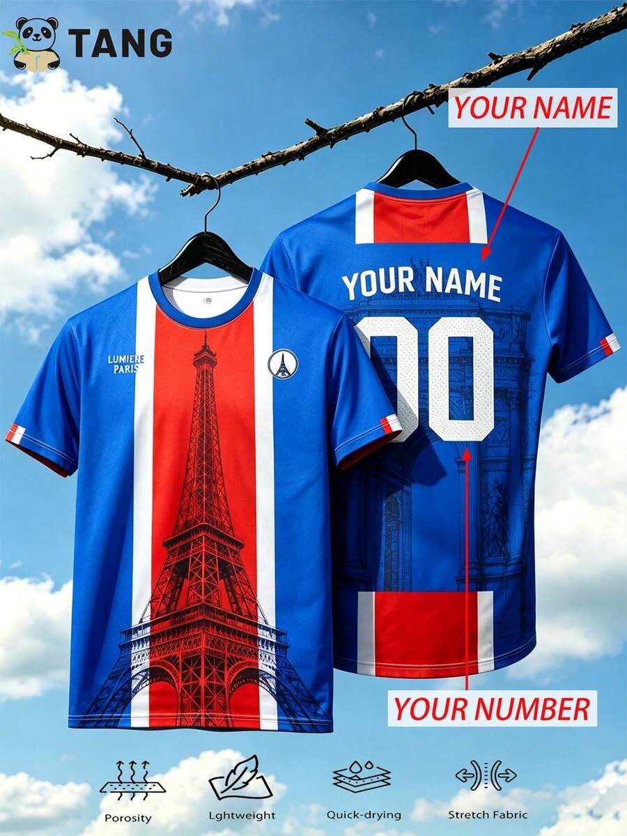 Paris Style Customized Men's Football Jersey & Customizable Name And Number & Round Neck Lightweight Football Sports Top & Suitable For Football Matches, Training, Daily Wear, Gifts