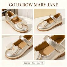 Girls' Shiny Gold Mary Jane Princess Shoes, Rhinestone Heart Decor Bow Hook And Loop Strap Low Heel Soft Sole Shoes, School Party Performance Dress Shoes - Gold - View 6