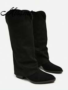 Elegant Pointed Toe Chunky Heel Matte Leather Side Zipper V-Cut Slimming Versatile Women's Tall Boots - Black - View 1