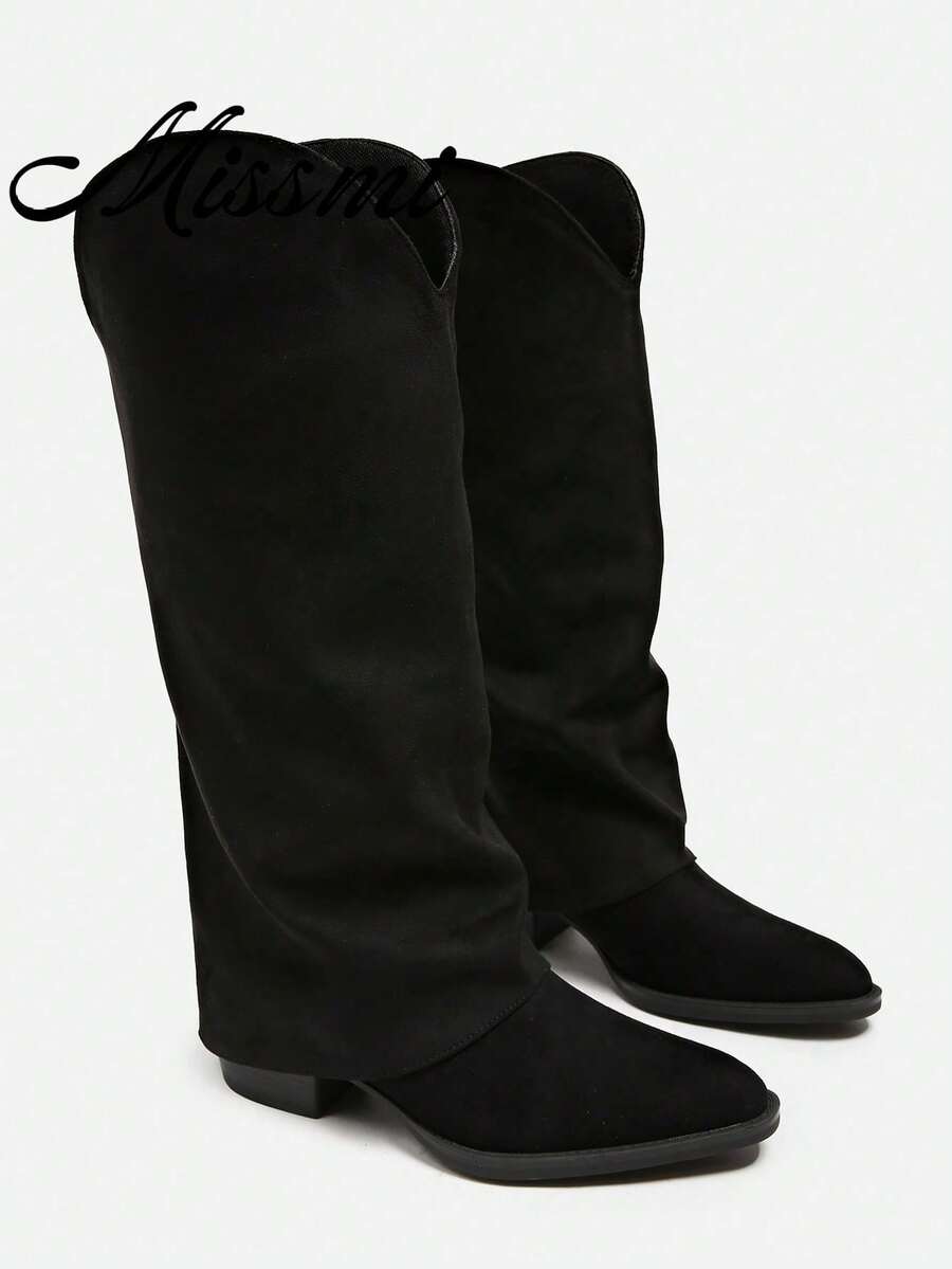 Elegant Pointed Toe Chunky Heel Matte Leather Side Zipper V-Cut Slimming Versatile Women's Tall Boots - Black - View 1