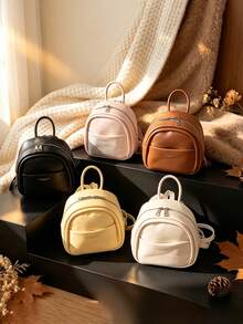 1PC New PU Mini Backpack, Casual Minimalist Elegant Design, Zipper Closure, Adjustable Shoulder Straps, Suitable For School, Travel, Can Easily Hold Daily Essentials, Versatile Item, Applicable To Various Styles And Occasions - Multicolor - View 1