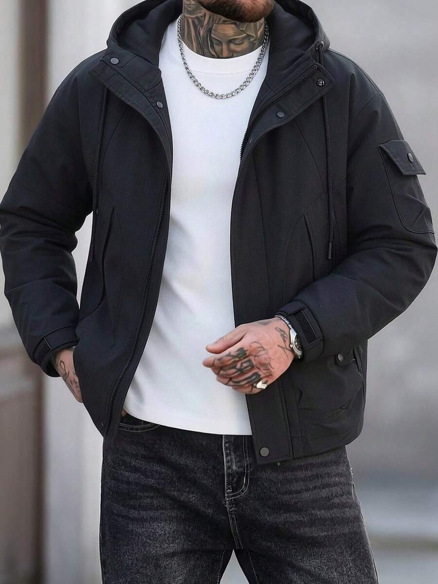 Men's Autumn/Winter Hooded Softshell Casual Versatile Commute Functional Loose Jacket Coat, Suitable For Daily Wear And Outdoor Sports - Black - View 1