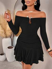 Fashionable Women's Black Ribbed Knit Skirt, Cold Shoulder Long Sleeve Fitted Party Mini Dress With Ruched Details And Ruffle Hem - Black - View 6