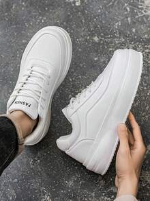 Men's Pure White Thick Sole White Sneakers, Minimalist Solid Color Multi-Layer Sole Design, Versatile Casual Shoes For Daily Commute And Streetwear - White - View 7