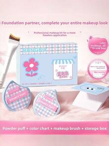 OBOVAY Bona Blue Bubble Foundation Set, Complete Makeup Kit With Cushion Puff + Disposable Color Mixing Paper + Seamless Foundation Brush + Storage Box, Dry And Wet Use, Non-Absorbent, Smooth And Fine Application, Essential For Halloween, Christmas, Party Makeup, Portable Makeup Tools For Beginners And Makeup Artists, Perfect For Dating, Travel, Holiday Touch-Ups, Cotton Candy Makeup Puff - Multicolor - View 4