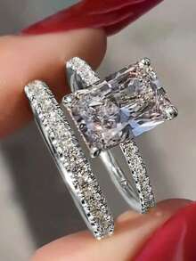 2pcs Set Exquisite Square Cubic Zirconia Women's Rings, Suitable For Valentine's Day Gift, Wedding Anniversary Party Jewelry - 9# - View 2