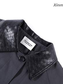 Korean Style Relaxed Fit Button Long Sleeve PU Leather Collar Trench Coat For Commuting And Vacation - Dark Grey - View 3