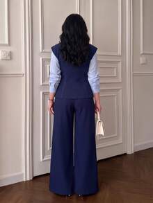 Women's Autumn Deep Blue Sleeveless Tank Top + Loose Wide Leg Pants 2-Piece Set (Inner Layer Not Included) Casual Daily Commute Outfit - Dark Blue - View 2
