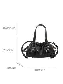 Women's Shiny Faux Leather Pleated Handbag, Y2K Style Multi-Strap Metal O-Ring Decor Shoulder Bag, Fashion Drawstring Top Tote, Suitable For Daily Streetwear - Black - View 7