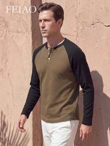 FEIAO Men's Vintage "Old Money Style" Rich Colorblock Long Sleeve Polo Shirt, Suitable For Daily Commute, Loose Fit - Multicolor - View 5
