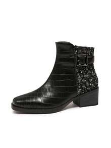 Women's Ankle Boots, New Autumn/Winter Fashion Comfortable Leopard Print Patchwork Rhinestone Decor Chunky Heel Back Zipper Design Suitable For Commuting, Outdoor, Gatherings And Parties - Black - View 6