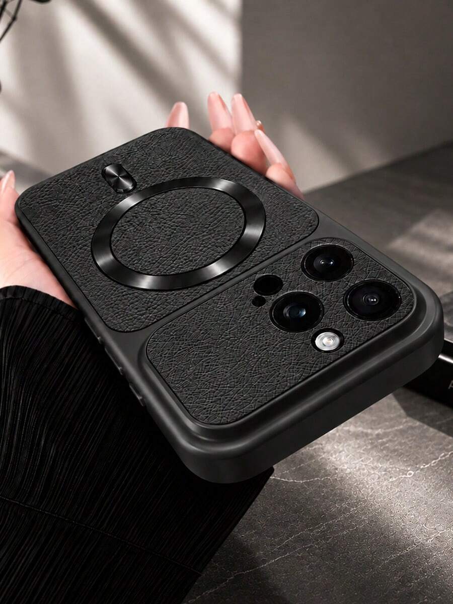 MewTrek Luxury Lychee Texture PU Leather Phone Case, Metal Ring Attachment, Large Camera Cutout, Full Coverage Shockproof & Anti-Drop Protective Shell, Compatible With IPhone, Galaxy, Honor, Reno, MOTO - Black - View 1
