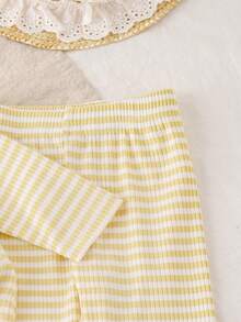 2pcs/Set Baby Girls Cute Minimalist Yellow & White Striped Floral Long Sleeve Top & Long Pants Set, Spring/Autumn - Multicolor - View 7