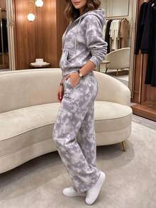 Autumn Fashion Women's Casual Hooded Zip-Up Jacket 2 Pieces Set, Leaf Print, Slightly Elastic Fabric, With Pockets, Suitable For LDW, Halloween, Weekend, , Game Day, Christmas Outfit, Thick Thighs, Saves Lives, Autumn Must-Have Recommendation - Light Grey - View 7
