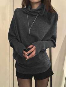 Asymmetrical Design Batwing Sleeve Knit Pullover Sweater Long Sleeve Top (Includes Belt) - Grey - View 3