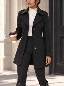 AODSR Women's Black Trench Coat, Slim Fit, Notched Lapel, Single Breasted Button Front, Long Sleeve Mid Length Coat With Pockets - Black - View 2