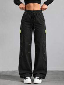 Women's Black Cargo Pants With Wide Leg, Drawstring Elastic Waist, Contrast Stitching, Zipper Pockets And Adjustable Hems - Black - View 8