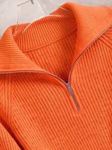 Pull court à demi-zip pour femmes, pull à col montant en peluche, Top tricoté thermique pour tenues décontractées d'automne et d'hiver, rentrée scolaire, Halloween - Orange - Voir 3