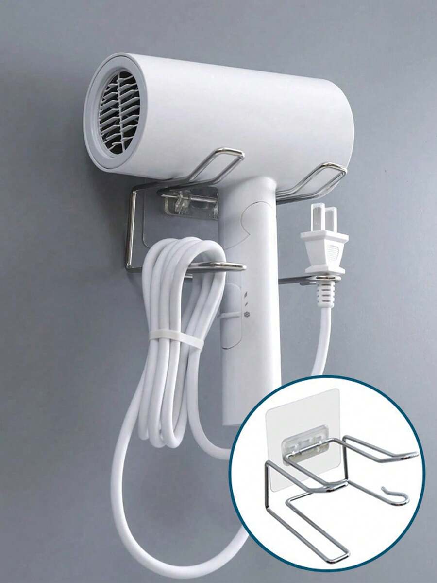 1pc Bathroom Wall-Mounted Hair Dryer Holder, No-Drill Hair Dryer Storage Rack, Bathroom Accessory
