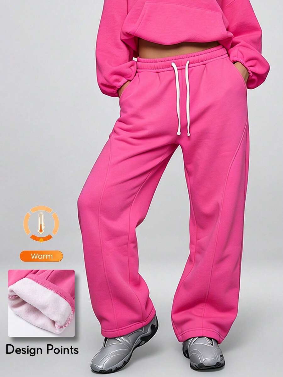 KyrLssu Women's Loose Wide Leg Sweatpants, Elastic Waist Drawstring Casual Long Pants With Pockets - Pink - View 1