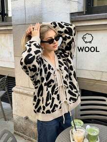 Cow Print Tie Front Sweater Cardigan, V Neck, Long Sleeves, Ribbed Knit, Beige And Black, Relaxed Fit, Chic Fall Layering Top For Women - Apricot - View 1