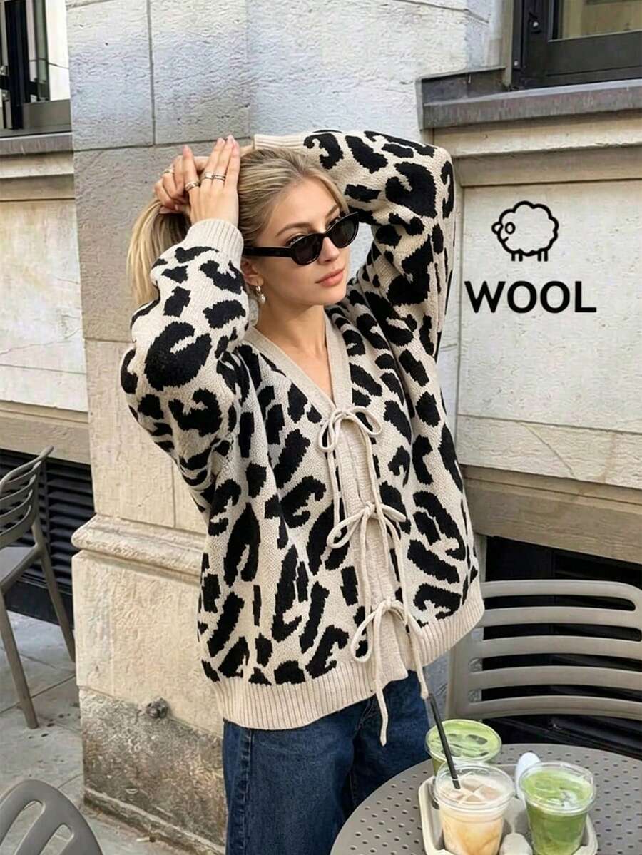 Cow Print Tie Front Sweater Cardigan, V Neck, Long Sleeves, Ribbed Knit, Beige And Black, Relaxed Fit, Chic Fall Layering Top For Women - Apricot - View 1