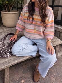 Women's New Autumn Colorblock Striped Knit Top, Casual Daily Commute College Style - Pink and Orange - View 9