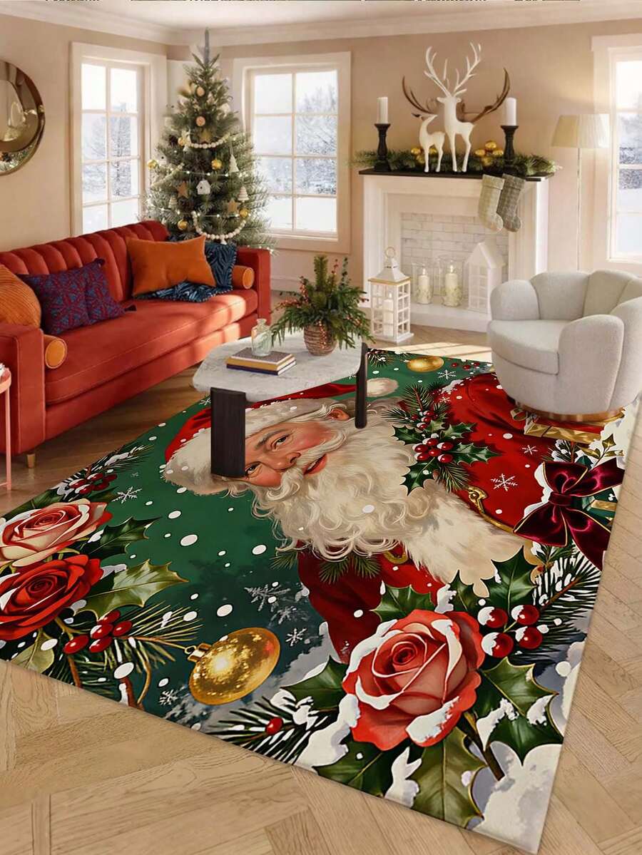 Keset Pintu Motif Mawar Santa Claus Natal Klasik, Keset Persegi Panjang Tebal Berbulu Pendek Anti Selip dan Menyerap Air, Keset Dekorasi Liburan Natal Musim Dingin untuk Pintu Masuk, Kamar Mandi, dan Liburan.