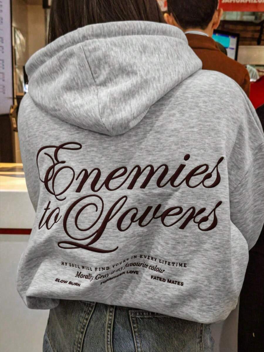 Women's Loose Grey Sweatshirt With Drawstring, Long Sleeve Knit Sweatshirt, Autumn Street Style - Grey - View 1