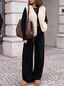 Women's Solid Color Casual Versatile Daily Wear Vest Jacket - Apricot - View 1