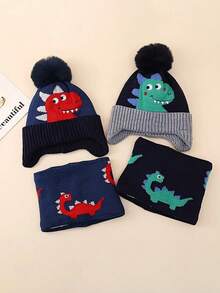 Children's Dinosaur Knit Hat And Scarf 2pcs Set, Autumn/Winter Cartoon Woolen Hat, Baby Ear Protection Hat, Thickened Cute - Multicolor - View 2
