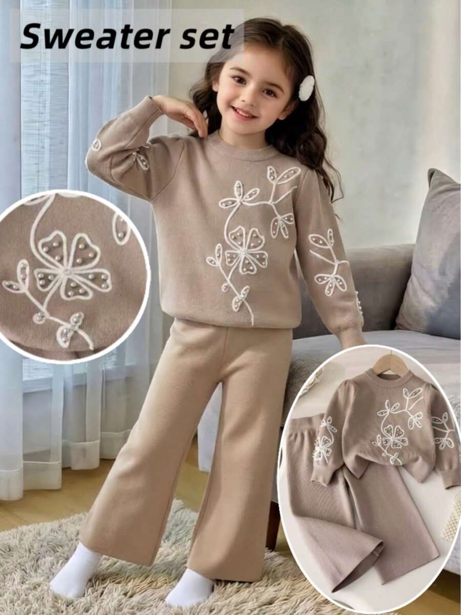2pcs/Set 1pc Sweater Rajut Pullover Polos Elegan Motif Bunga Bordir untuk Anak Perempuan dan 1pc Celana Rajut Polos, Cocok untuk Pakaian Kasual Sehari-hari di Musim Semi, Gugur, dan Dingin - Coklat - View 1