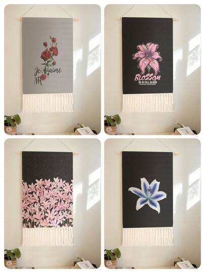 1PC Tapestry, Wall Hanging, Long Linen Vintage Tassel Tapestry, Vertical Wall Decor, Flower Print Design; Versatile For Living Room, Bedroom, Office, Party And More