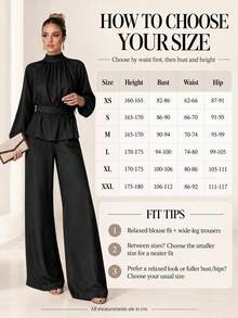 2pcs Solid Color Elegant Party Ruched Bust Tie Long Sleeve Top & Wide Leg Pants Set For Women, Beach, Evening, Date, Vacation, Early Autumn Black - Black - View 6