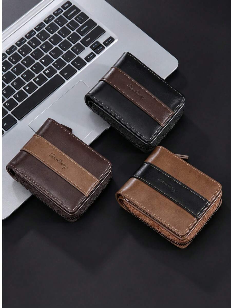 New PU Wallet For Men Baellerry Short Vintage Multi-Slot Coin Purse With Zipper Wallet - Multicolor - View 1