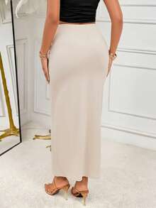 Sexy White Fitted Knit Maxi Dress, Asymmetrical Pleated Design, Medium Stretch, Suitable For Formal Occasions - Apricot - View 2