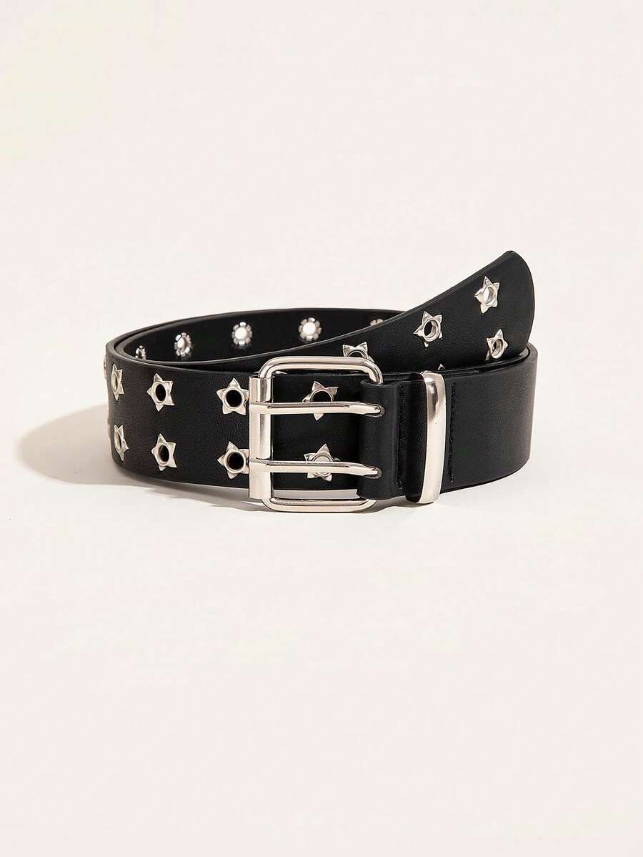 1pc Women's Autumn/Winter Velvet Double-Row Star Eyelet Punk Style Belt - Black - View 1