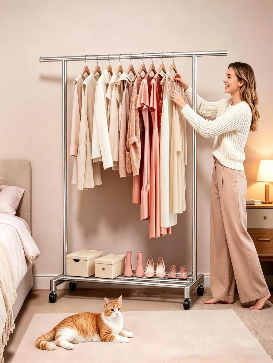 Mobile Floor Coat Rack With Wheels, Single Hanging Rod & Bottom Storage Shelf, Dual Use Clothes Storage Drying Rack For Bedroom - A - View 1