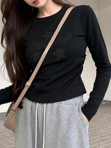 Minimalist Dark Color Star & Gothic Letter Print Cropped Long Sleeve Top, Slim Fit Elastic Spicy Girl Style Basic Layering T-Shirt For Women, Autumn - Black - View 7