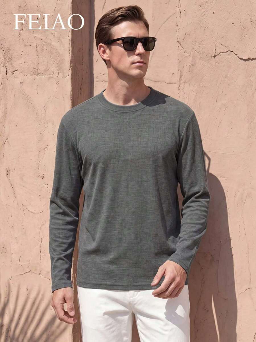 FEIAO Men's Vintage Ribbed Zip-Up Long Sleeve Polo Shirt, Suitable For Daily Commute, Loose Fit - Grey - View 1
