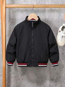 Teen Boys Solid Color Zipper Front Bomber Jacket With Arm Zipper Pocket, Casual Windproof Baseball Collar Outerwear For Autumn/Winter - Black - View 1