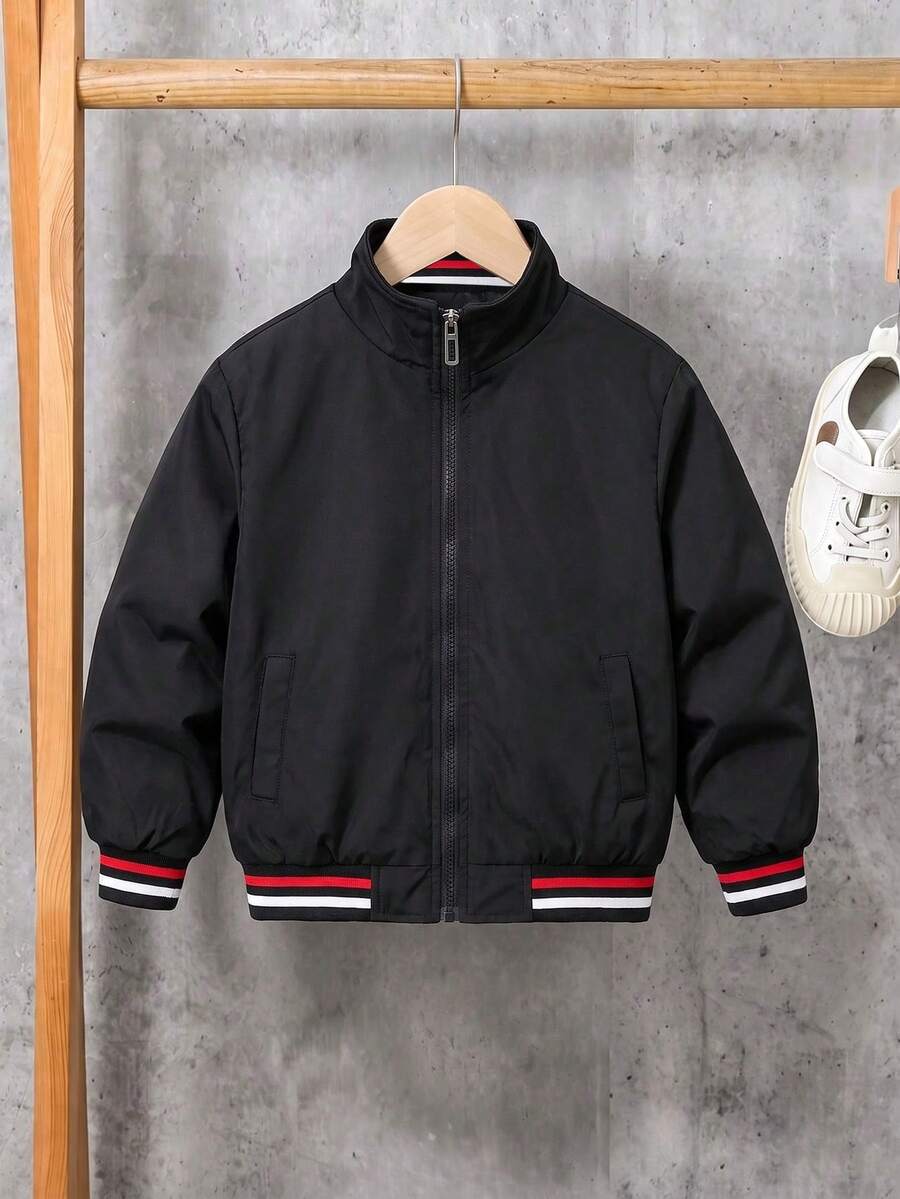 Teen Boys Solid Color Zipper Front Bomber Jacket With Arm Zipper Pocket, Casual Windproof Baseball Collar Outerwear For Autumn/Winter - Black - View 1